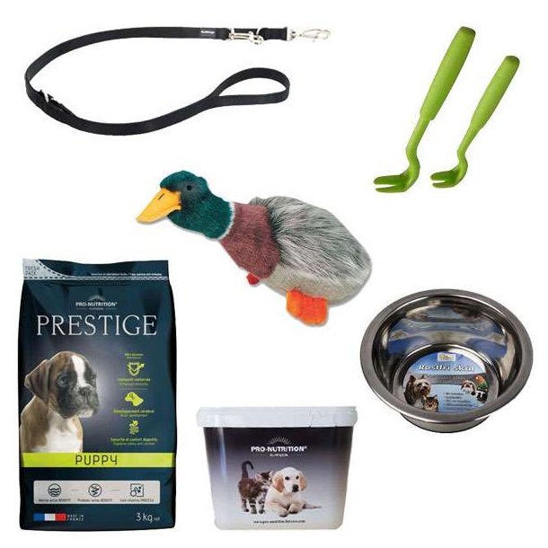 Hvalpepakke med foderspand, hvalpefoder, skål, hundesnor, legetøj og tægetang