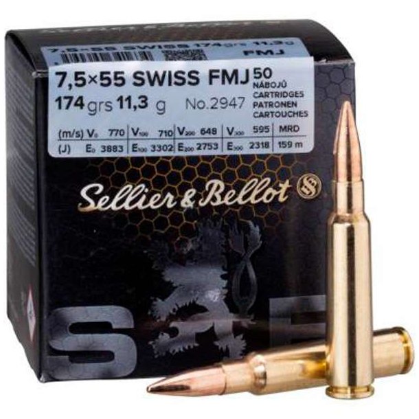 Sellier &amp; Bellot 7,5x55 Swiss FMJ 11,3g 50stk Riffelpatron (34163)